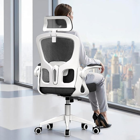 Ergonomic Office Chair, High Back Desk Chair with Flip-up Arms, 300 LBS Mesh Computer Chair with Adjustable Headrest & Lumbar Support, Comfy Gaming Chair for Adults, Home Office Desk Chairs (White)