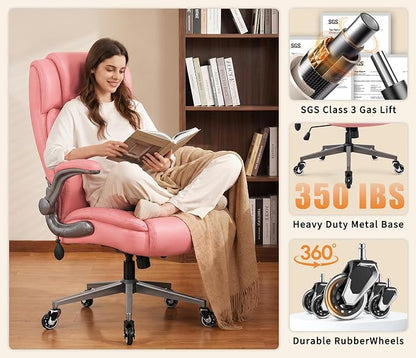 Large High Back Office Chair - Adjustable Lumbar Support Flip Up Arms Heavy Duty Quiet Wheels Metal Base Breathable Bonded Leather Ergonomic Executive Computer Desk Chair with Storage Bags, Pink