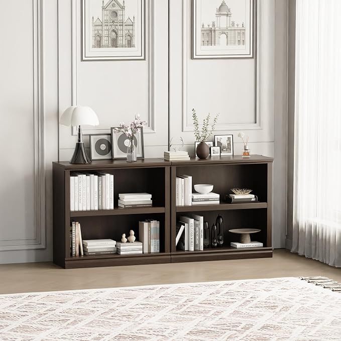 blini 2-Shelf Bookcase Wooden Bookshelves 33in Wide Floor Standing Display Storage Shelves Oak Bookcase for Home Office, Living Room, Bed Room