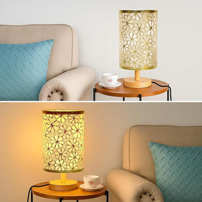Desk Lamp LED Bulb Included, Small Bedside Table Lamp Plug-in - Classic Wood Base with Flaxen Fabric Shade, Lamps for Night Stands, Simple Nightstand Light for Bedroom, Office, Desk