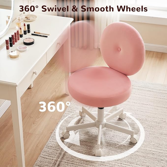 Furniliving Round Velvet Vanity Chair with Wheels, 360° Swivel Armless Desk Chair, Adjustable Height Rolling Makeup Chair for Bedroom Study Room, Pink