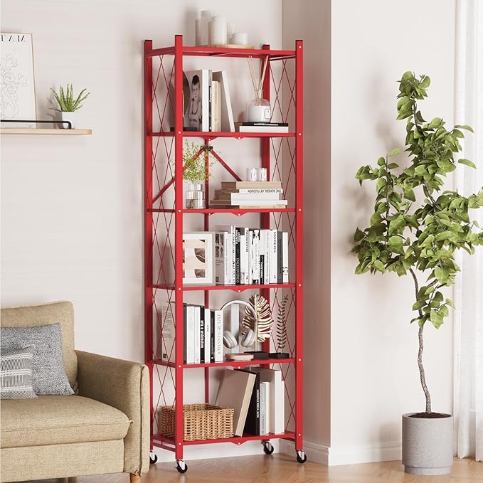 ALANNG 73.6 Inch Folding Bookshelf, 6 Tier Metal Bookcase and Bookshelves, Tall Shelves for Living Room Office Bedroom, Heavy Duty Book Shelve Free Standing Open (Red, 1PACK)
