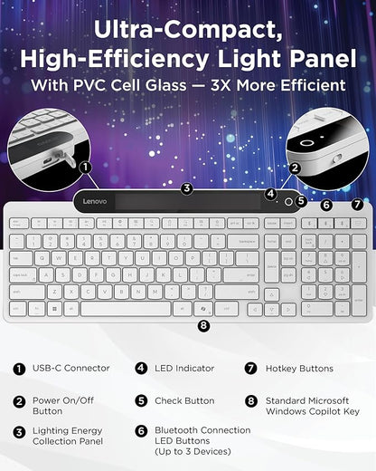 Lenovo 800 Self-Charging Bluetooth Keyboard, Uses Ambient Light for Charging, Bluetooth 5.1, Supports 3 Devices, Battery Free, Wireless, White