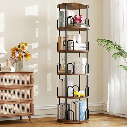 5 Tier Rotating Bookshelf, Corner Wooden, Metal Skinny Bookshelf for Toy Lego Dispaly Book Shelf Room Storage Organizer Furniture Black Tall Bookcase for Bedroom Living Room Office Kitchen Shelf
