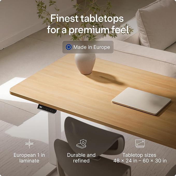 Desktronic HomeOne Standing Desk 60x30 — Ergonomic Sit Stand Home Office Desk, Made in Europe, Electric Dual Motor Height Adjustable, USB & USB-C Charging, Wobble-Free, Touchscreen, 3 Memory Presets
