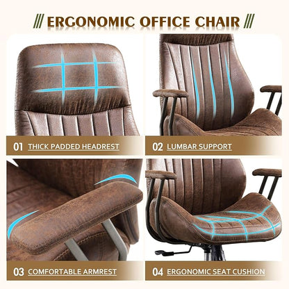 CAODOC High Back Office Chair,Modern Swivel Office Chair,Brown Suede Fabric Gaming Chair,Height Adjustable Home Office Desk Chair with Lumbar Support
