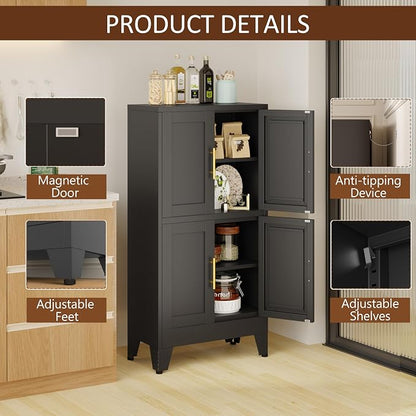 pozdeg Metal Storage Cabinet, 47.2" H Pantry Kitchen Storage Cabinets with 4 Doors and 2 Adjustable Shelves, Versatile Buffet Sideboards Cupboard for Home Office Garage or Gym (Black)