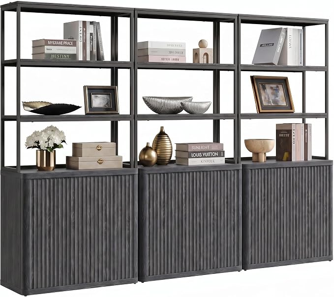 SICOTAS Book Shelf Fluted Bookshelf 71" Tall Bookcase with Doors Storage 5 Tier Mid Century Modern Bookshelves Large Shelves Metal Book Cases for Living Room Office Kitchen Library