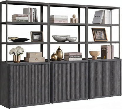 SICOTAS Book Shelf Fluted Bookshelf 71" Tall Bookcase with Doors Storage 5 Tier Mid Century Modern Bookshelves Large Shelves Metal Book Cases for Living Room Office Kitchen Library