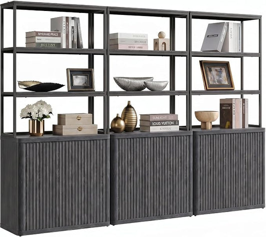 SICOTAS Book Shelf Fluted Bookshelf 71" Tall Bookcase with Doors Storage 5 Tier Mid Century Modern Bookshelves Large Shelves Metal Book Cases for Living Room Office Kitchen Library