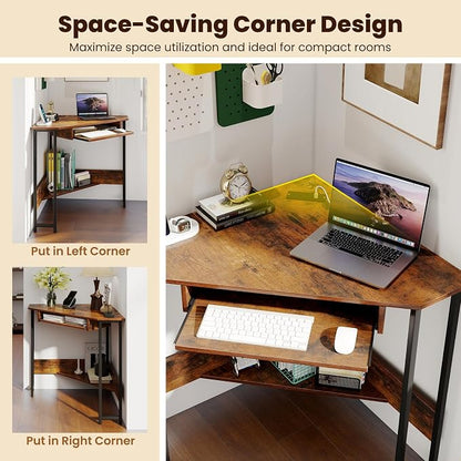 GOFLAME Corner Desk, Triangle Computer Desk with Keyboard Tray & Storage Shelf, Home Office Desk with Built-in Power Outlet, Industrial Writing Desk, Heavy-duty Space-saving PC Laptop Desk Workstation