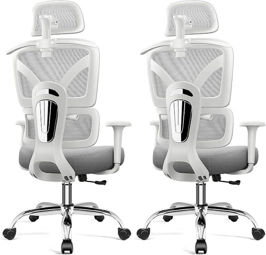 Ergonomic Office Desk Chair, High Back Mesh Office Chair with Adjustable Lumbar Support, 3D Headrest, Big and Tall Home Computer Desk Chairs Comfy for Work, Gaming, 300lbs, (Gray, 2 Pack)