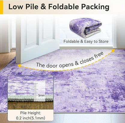 RELEANY Washable Area Rugs 4'x6' Non-Slip Modern Abstract Soft for Living Room Entryway Bedroom Kitchen, Print Pattern, Purple Gray Pink White