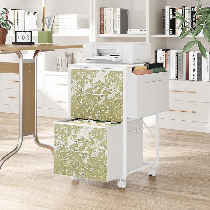 VINGLI 2 Drawer File Cabinet with Side Bag, Rolling File Cabinet Mobile Under Desk File Cabinet with Wheels, Fabric Drawers Printer Stand for Home Office, Fits Letter Size, White Green
