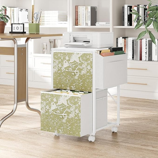 VINGLI 2 Drawer File Cabinet with Side Bag, Rolling File Cabinet Mobile Under Desk File Cabinet with Wheels, Fabric Drawers Printer Stand for Home Office, Fits Letter Size, White Green