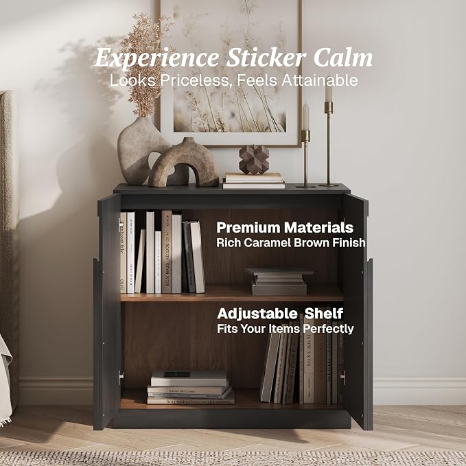 BELLEZE 31.5" Kitchen Storage Cabinet with Adjustable Shelves,Freestanding Accent Cabinet with Fluted Arched Design & Wood Handles,Modern Credenza for Living Room,Dining Room,Entryway - Ebony