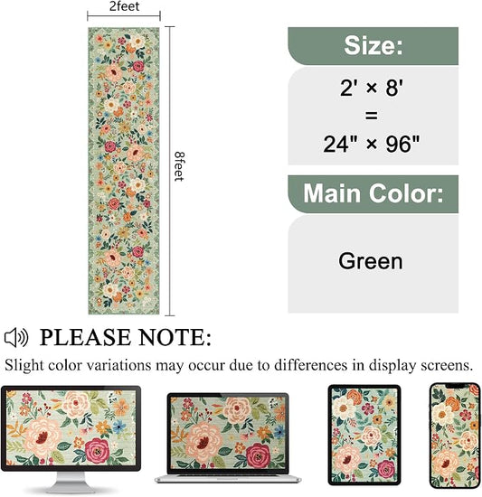 DUKINO 2x8 Runner Rug for Hallway, Washable Kitchen Runner Rug with Rubber Backing Non Slip, Low Pile Soft Boho Floral Thin Carpet for Entryway, Hallway, Bathroom, Laundry Room, Green