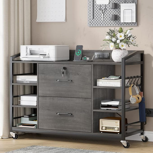 SEDETA 44" File Cabinet, Filing Cabinet fits Legal/Letter Size, 2 Drawer File Cabinets for Home Office with Lock, Power Strip, 6 Storage Shelves, Grey