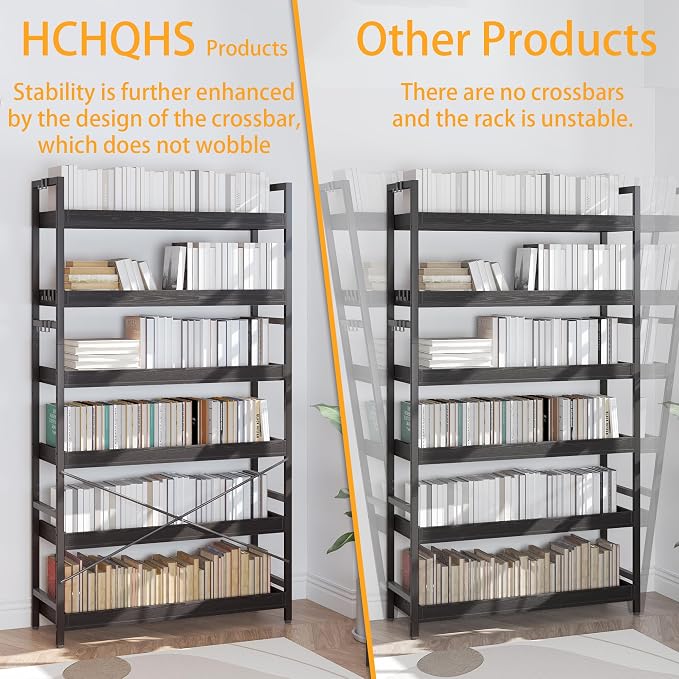 HCHQHS Bookshelf, Adjustable Industrial Bookcase, Vertical Tall Book Shelf, Wood and Black Metal Open Bookshelves for Home Office, Living Room, Bedroom (Black, 6-Tier (31" W x 70" H))