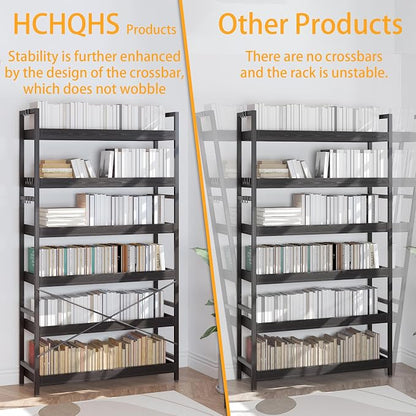 HCHQHS Bookshelf, Adjustable Industrial Bookcase, Vertical Tall Book Shelf, Wood and Black Metal Open Bookshelves for Home Office, Living Room, Bedroom (Black, 6-Tier (31" W x 70" H))