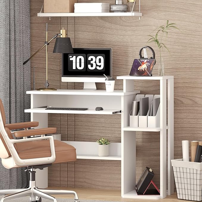 ALISENED Computer Desk with Storage Shelves, Home Office Desk with Monitor Stand, Small Writing Desk Table with Keyboard Tray,Study Table with CPU Stand for Small Spaces (35"-White)