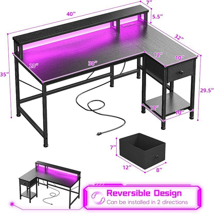 DurayLoly 40" L- Shaped Gaming Desk with LED Lights & Power Outlet,Gaming Desk with Monitor Stand for Gamer,Home Office Desk with Drawer for Student Study Room,Bedroom,Small Working Room,Black