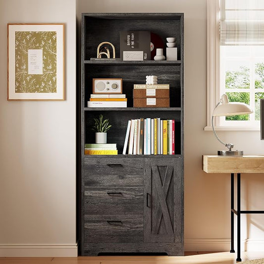 IRONCK Bookshelf with Doors and 3 Drawers 71 in Tall Bookcase with 3-Tier Shelves, Industrial Book Shelf with Storage for Living Room Entrance Hallway Home Office