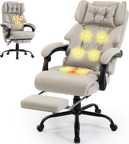 Massage Office Chair with Foot Rest,6 Points Vibration & Heat Executive Office Chairs,Big and Tall Office Chair 500LBS,Ergonomic Desk Chair for Heavy People,Recliner with Dual-Use Pillow,Beigepu