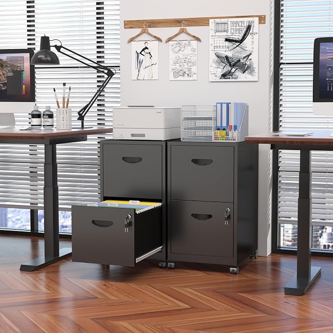 2 Drawer Mobile File Cabinet with Lock, Black Metal Filing Cabinets with Wheels, Vertical Rolling File Cabinet Fit Hanging Files, Letter and A4 Documents