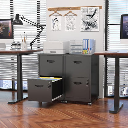 2 Drawer Mobile File Cabinet with Lock, Black Metal Filing Cabinets with Wheels, Vertical Rolling File Cabinet Fit Hanging Files, Letter and A4 Documents