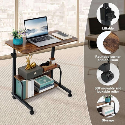 Adjustable Table Student Computer Desk Portable Home Office Furniture Small Spaces Sofa Bedroom Bedside Learn Play Game on Wheels Movable with Storage Size 31.5 * 15.7 in Oak D