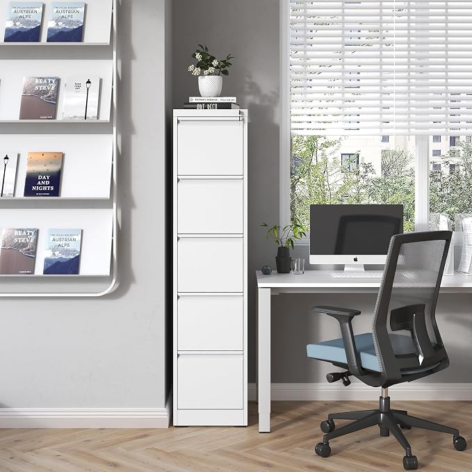 5 Drawer File Cabinet with Lock,Metal Vertical Filing Cabinets for Home Office,Heavy Duty File Storage Cabinet for Letter/Legal/A4/F4 Size File,Assembly Require (White, Vertical 5 Drawer)
