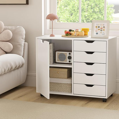 Lateral File Cabinet, 5 Drawers with Door, Adjustable Shelf, 5 Universal Wheels, Wooden Printer Stand with Storage, Modern Dresser for Bedroom Home Office, White