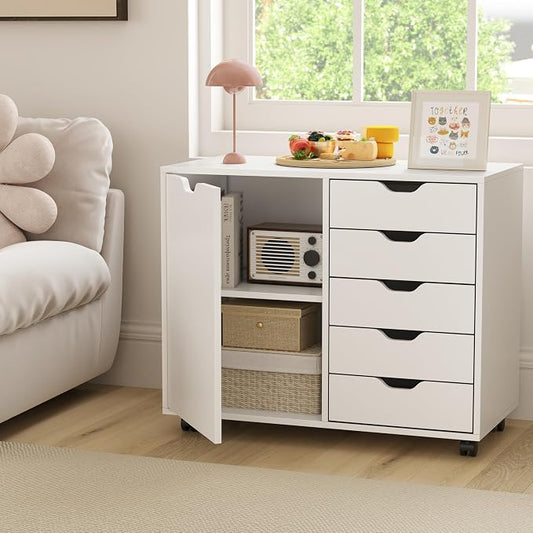 Lateral File Cabinet, 5 Drawers with Door, Adjustable Shelf, 5 Universal Wheels, Wooden Printer Stand with Storage, Modern Dresser for Bedroom Home Office, White
