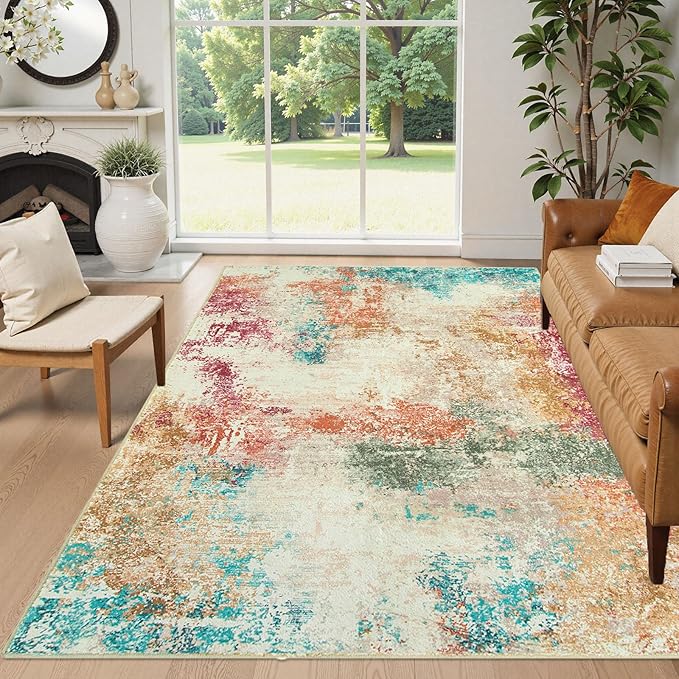 Lahome Abstract 6x9 Area Rugs for Living Room, Machine Washable Ultra Thin Bedroom Rug Stain Resistant, Low-Pile Soft Indoor Modern Colorful Large Throw Carpet for Office Dining Room