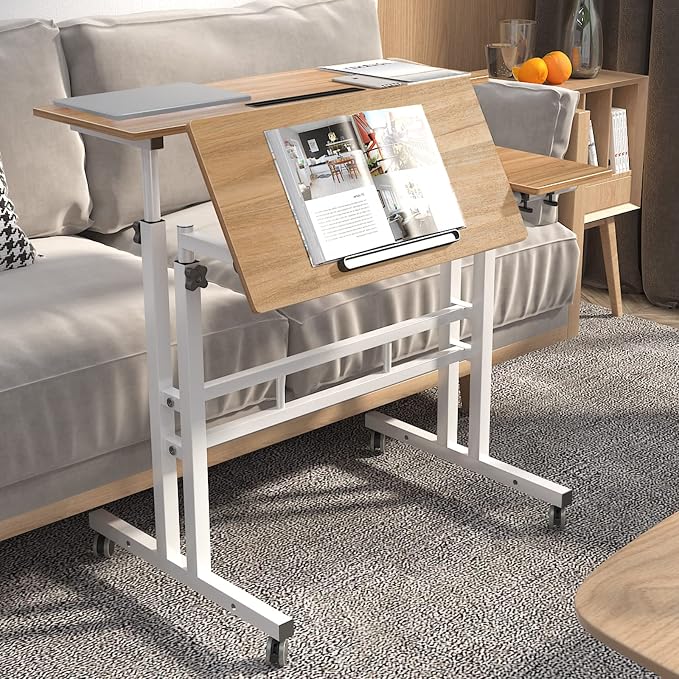 soges 31.5inches Height Adjustable Desk Laptop Desk on The Wheels, Rolling Stand Up Desk Computer Desk Adjustable Standing Desk Sit and Stand Desk Portable Laptop Table, Oak