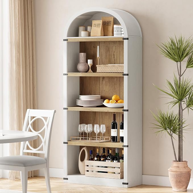GarveeHome Bookcase 5 Shelf Arched Bookshelf 71.65in Tall Bookcase Farmhouse Display Storage Rack Wooden Bookshelves for Home Office, Living Room (White/Natural)