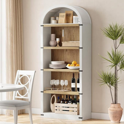GarveeHome Bookcase 5 Shelf Arched Bookshelf 71.65in Tall Bookcase Farmhouse Display Storage Rack Wooden Bookshelves for Home Office, Living Room (White/Natural)