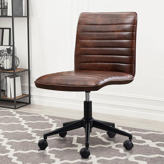 Furniliving Leather Home Office Chair, Armless Vanity Desk Task Chair with Wheels 360° Swivel Computer Rolling Desk Chair with Back, Adjustable Accent Chair with Base Stool
