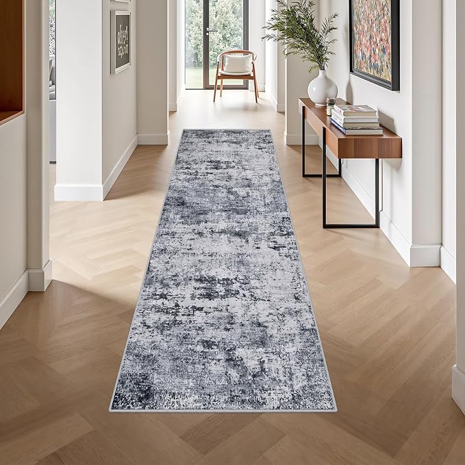 2.6'x10' Runner Rug Washable Rug: Modern Abstract Soft Thin Runner Rug Grey