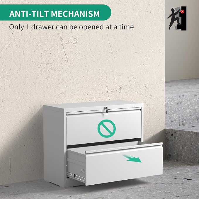 IKIMI 2 Drawer Lateral File Cabinets Office Metal Filing Cabinet Steel Storage Cabinet with Lock Wide Horizontal Filing Cabinets for Hanging Files Legal/Letter/A4 Size Assembly Required