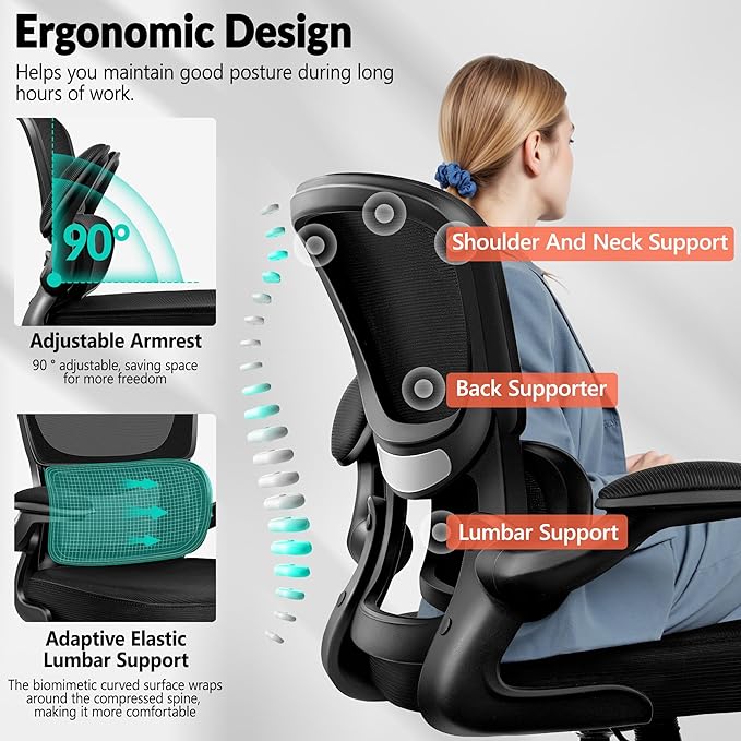 BESTFAIR Ergonomic Mesh Office Chair, Breathable Mesh Computer Desk Chair, Adjustable Lumbar Support, Flip-up Armrests, Executive Swivel Chair for Home Office, Black Pack of 10