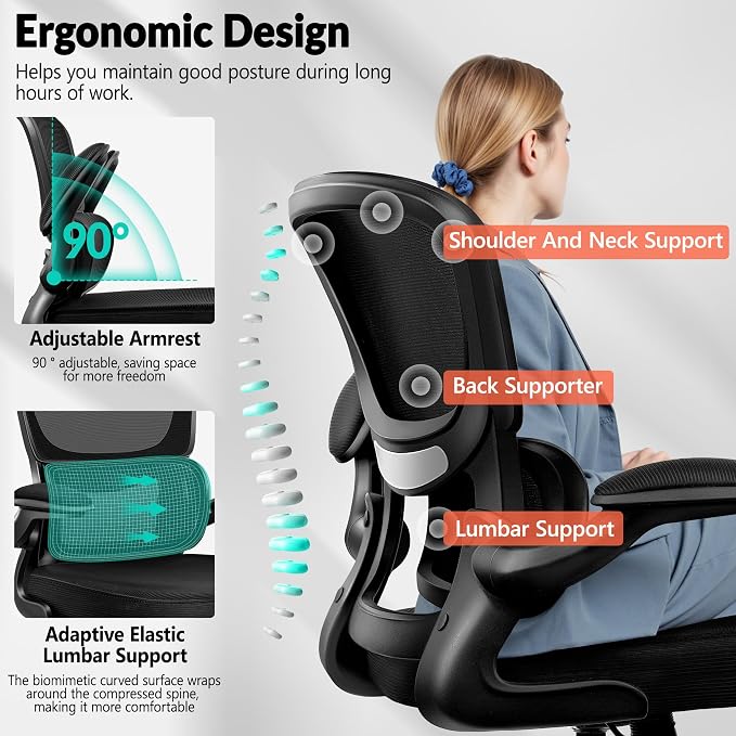 BESTFAIR Ergonomic Mesh Office Chair, Breathable Mesh Computer Desk Chair, Adjustable Lumbar Support, Flip-up Armrests, Executive Swivel Chair for Home Office, Black Pack of 4