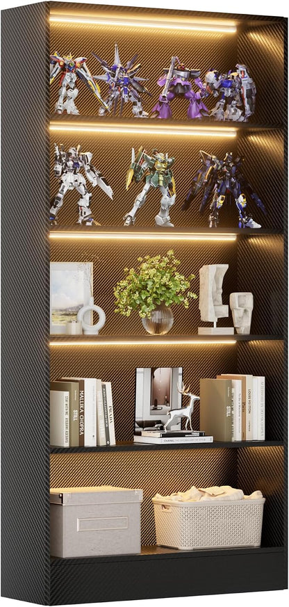 CODACE Tall Wooden Black Bookshelf - Book Shelf with LED Lights, Lighted Display Shelf with 5-Tier Shelves, Large Display Bookshelves for Collectibles, Modern Bookcase for Living Room, Bedroom, Office