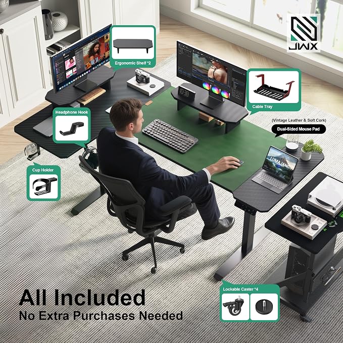 JWX L Shaped Standing Desk 63"x43", Dual Motor Height Adjustable Desk with Reversible Corner Setup, Curved Desktop, Upper Shelf, Cable Tray, Cup Holder, Headphone Hook, Matte Black