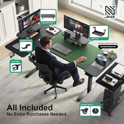 JWX L Shaped Standing Desk 63"x43", Dual Motor Height Adjustable Desk with Reversible Corner Setup, Curved Desktop, Upper Shelf, Cable Tray, Cup Holder, Headphone Hook, Matte Black