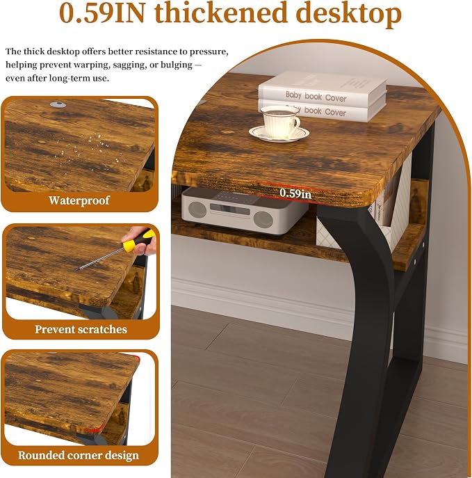 47'' Computer Desk Home Office Desk, Modern Computer Desk w/U Shaped Metal Frame, Storage Shelves, PC Table Study Writing Desk Workstation for Home Office (47inch/Brown)