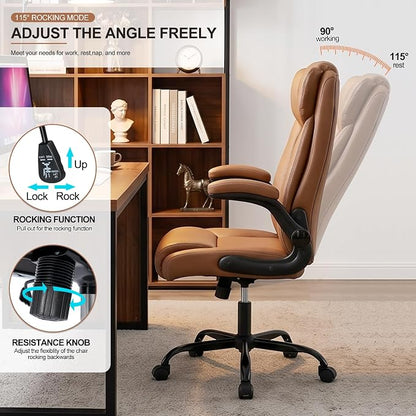 Office Desk Chair,Ergonomic Conference Room Chairs,Mid Back Executive Leather Chair,Comfy Computer Desk Chairs with Adjustable Flip-Up Arms and Rocking Function (Brown)