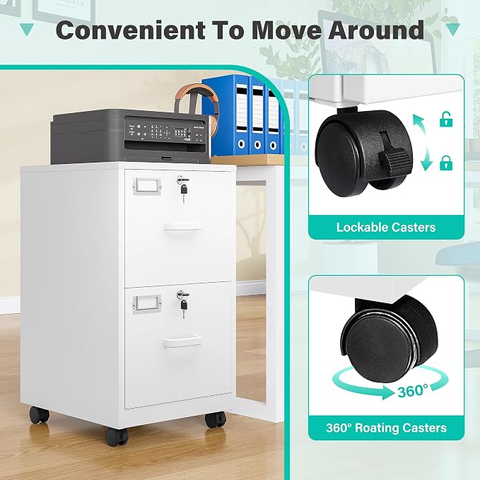 SISESOL 2 Drawer File Cabinet with Lock and Wheels,White Rolling File Cabinets,Locking Mobile Metal Filing Cabinet for Home Office,Under Desk,Fit A4/Letter/Legal File, Easy Assembly
