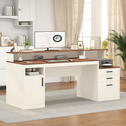 YOMILUVE 65 Inch Computer Desk with 3 Drawers & Storage Shelves, Executive Desk with File Drawer & Cabinet, Home Office Desk with Long Monitor Stand & Printer Shelf, Antique White